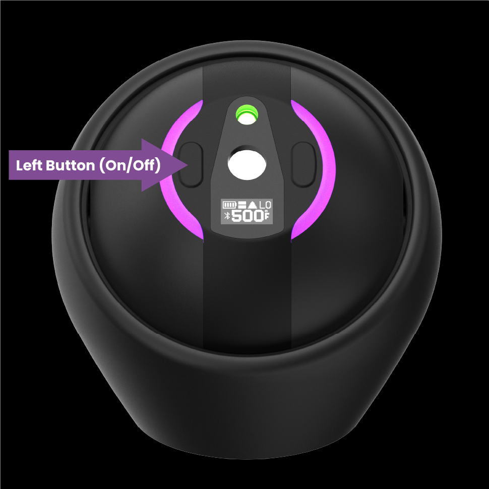 A line Drawing showing the the left button is on/off function of the Dab Rite GO